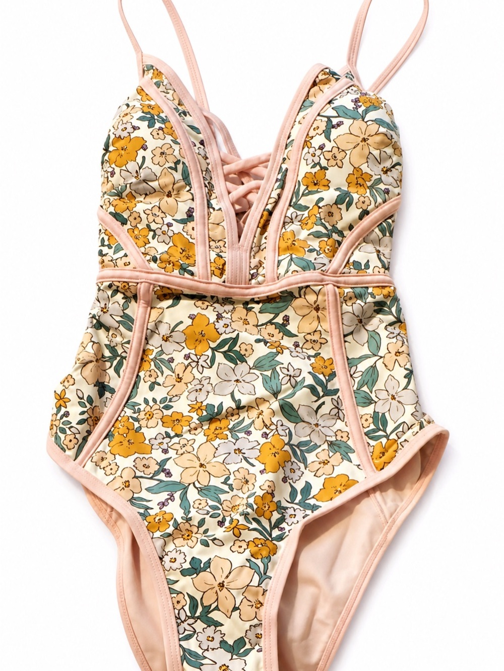 Cupshe Floral Lace-Up One-Piece Swimsuit in Cream, Yellow & Pink